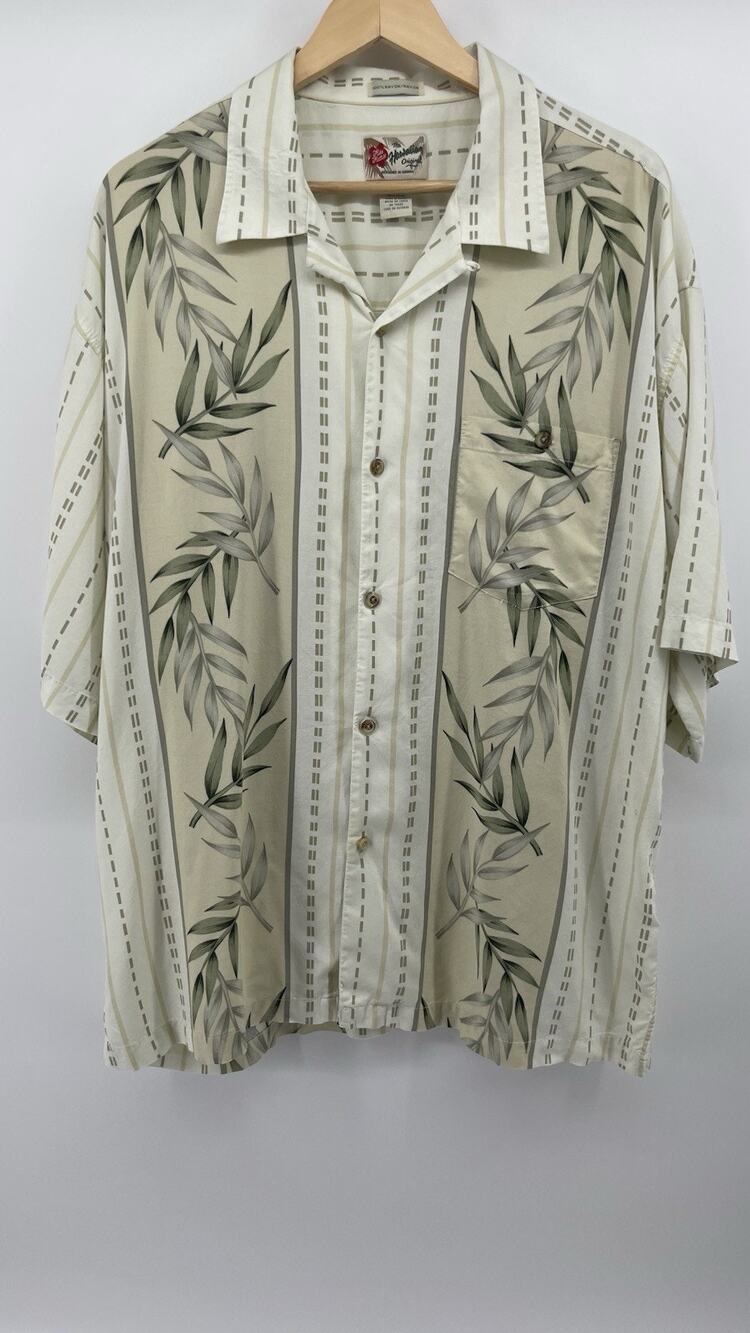 Hawaiian Original Rayon Camp Shirt XXL Tropical Leaf Button Front Aloha Beige